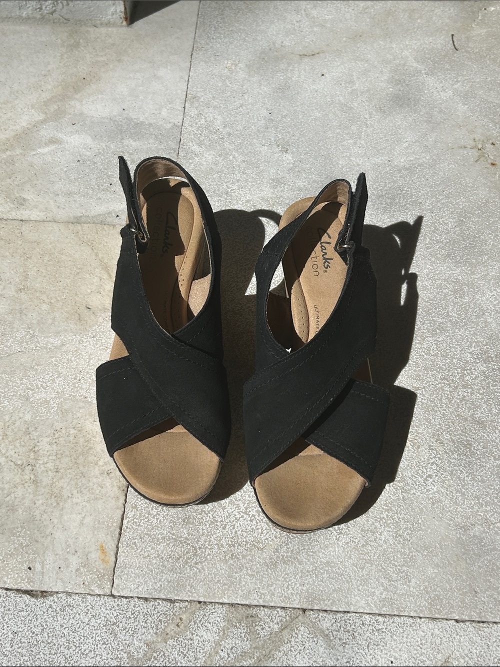 Clarks Black Suede Crisscross Wedge Sandal
